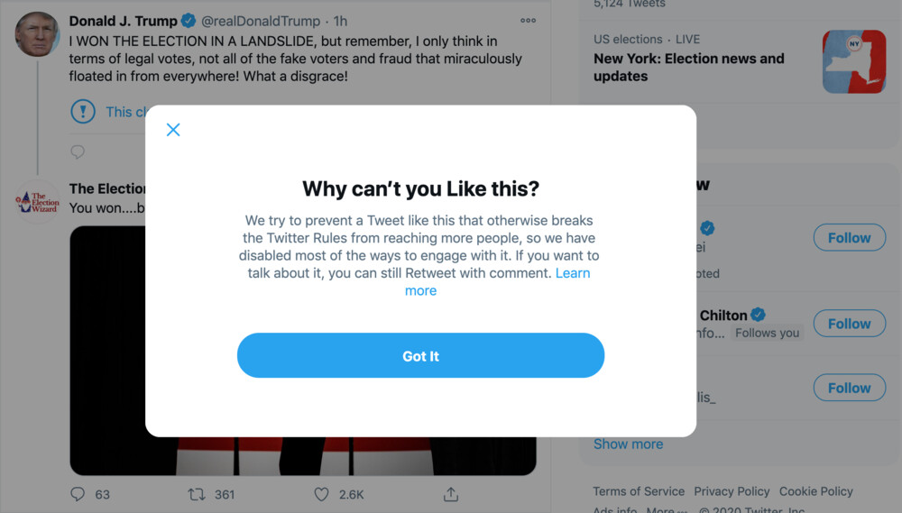Twitter restringió las interacciones a publicaciones de Trump sobre fraude electoral