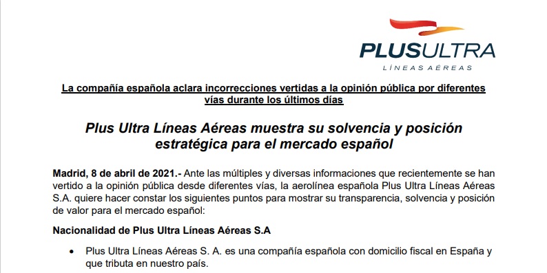 Aerolínea Plus Ultra se defiende: somos estratégicos para España