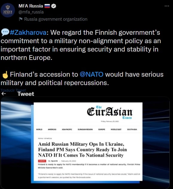 Rusia amenaza en Twitter a Finlandia y Suecia con una invasión militar